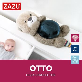 Otto la Loutre - Projecteur de veilleuse LED - Thème océan avec poissons en mouvement, vagues et mélodies apaisantes, sucette portable à piles, programme de sommeil en 3 étapes, 5 sons, capteur de pleurs 4