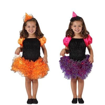 Costume da strega con gonna a balze per bambina in 2 colori e varie taglie