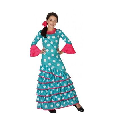 Turquoise blue Flamenca costume with polka dots for girls