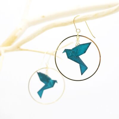 BIRDY Oiseau Origami PETROLE earrings small golden hoop