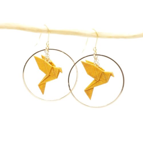 Boucles d'oreilles BIRDY Oiseau Origami CURRY-MOUTARDE petite créole dorée