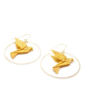 Boucles d'oreilles BIRDY Oiseau Origami CURRY-MOUTARDE petite créole dorée 3