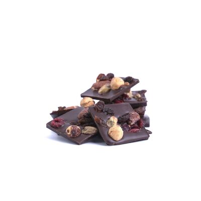 Mendiants dunkle Schokolade, Haselnüsse, Mandeln, Pistazien, Preiselbeeren und Rosinen