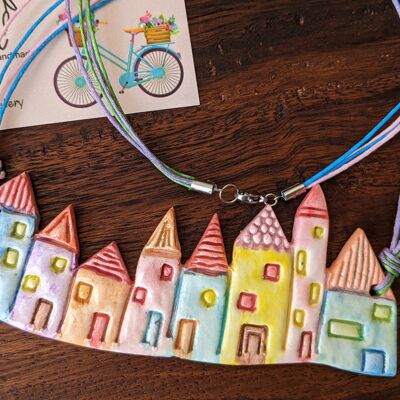 Row of houses hand painted clay bib necklace