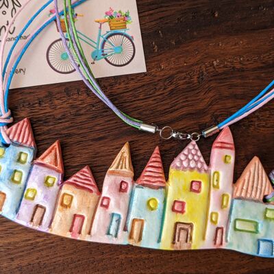 Row of houses hand painted clay bib necklace