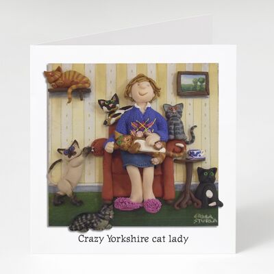 Crazy Yorkshire cat lady blank card by Erica Sturla