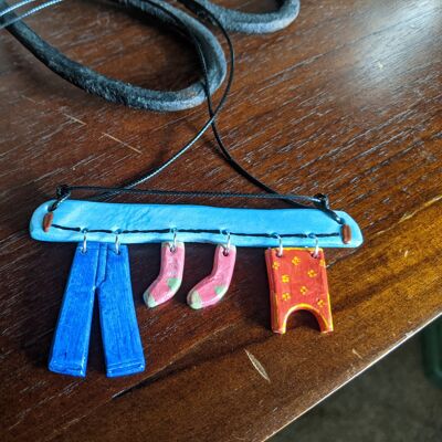 Washing line clay necklace, handmade clothes line necklace