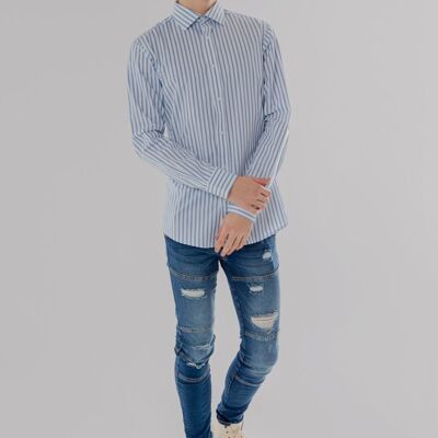 Long Sleeve Slim Fit Stripe Shirt in Dark Blue & White Colour-