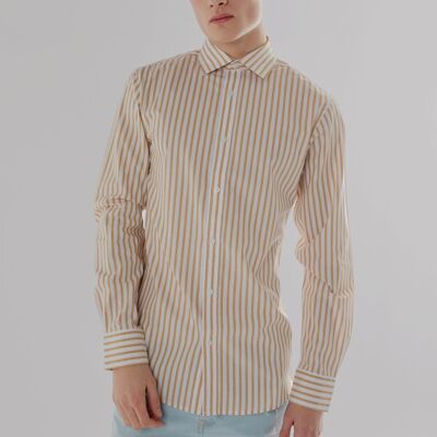 Long Sleeve Slim Fit Stripe Shirt in Beige & White Colour-