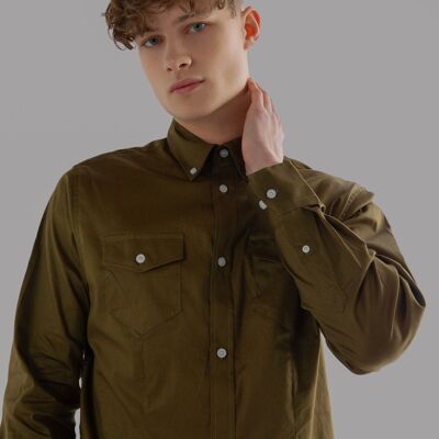 Long-Sleeved Shirt With Two Patch pockets in Olive Colour-