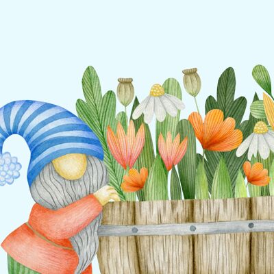 Kar met bloemen Gnome | Kaart Fripperies