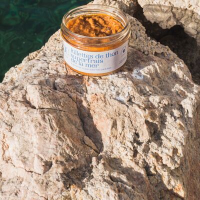 TUNA AND TOMATO RILLETTES WITH GREEN OLIVES, 90g of freshness