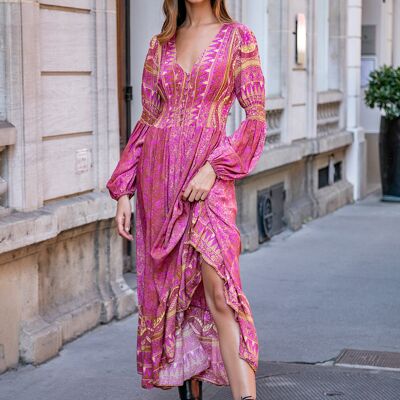 Long dress with bohemian print buttoned front, invisible pockets
