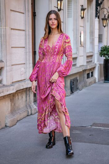 Robe longue à imprimé bohème boutonnée devant , poches invisibles 1