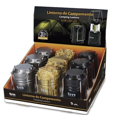Lanternes de camping LED COB 9W avec double poignée de transport, en ABS, pliables, en 3 couleurs (Display 9 unités)- TM Electron