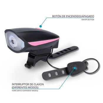 Eclairage vélo LED avec klaxon rose - TM Electron 3