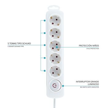 Multiprise 5 prises avec interrupteur blanc - TM Electron 2