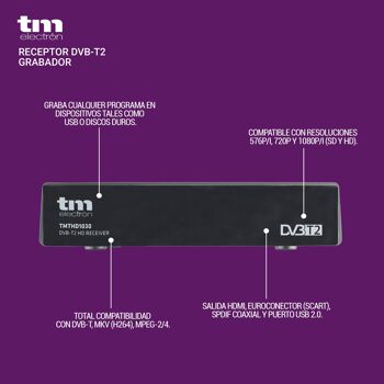 TM Electron TMTHD1030 Récepteur DVB-T2 avec fonction d'enregistrement USB PVR, Timeshift et compatible avec DVB-T, MKV (H264), MPEG-2/4 2