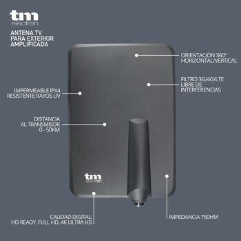 Antenne TV intérieure ou extérieure TM Electron TMANT015, avec amplificateur 40dB intégré, ultra compacte, orientation 360º, montage mural ou sur mât et résistante aux intempéries 3