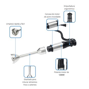 Mixeur plongeant TM Electron TMPBA016 d'une puissance de 1200W, cloche et tige en acier inoxydable, verre gradué de 600ml, poignée ergonomique et antidérapante 5