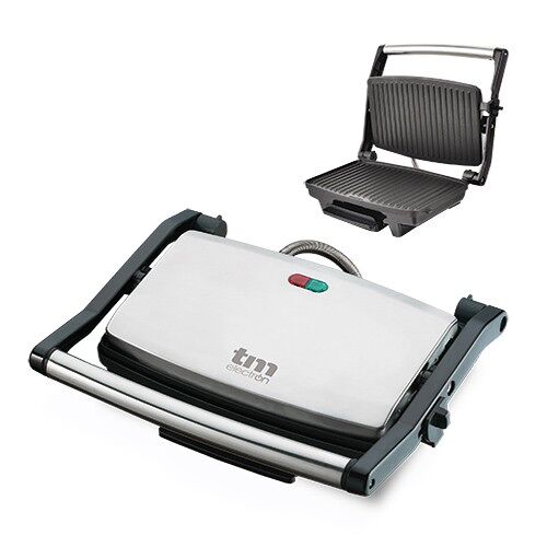 TM Electron TMPGR001 Grill eléctrico de 1.000W de potencia para parrilla y plancha, tapa de acero inoxidable y recubrimiento antiadherente