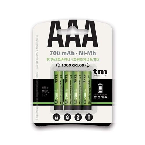TM Electron TMVH-AAA700H4 pack de 4 baterías recargables, tipo pila AAA, 1,5V, 700 mAh de capacidad, composición de níquel-metalhidruro (Ni-MH), hasta 1000 ciclos