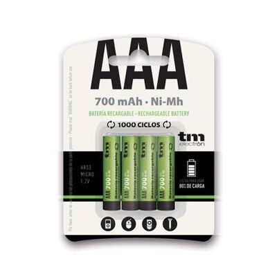 TM Electron TMVH-AAA700H4 pack of 4 rechargeable batteries, AAA battery type, 1.5V, 700 mAh capacity, nickel-metal hydride (Ni-MH) composition, up to 1000 cycles