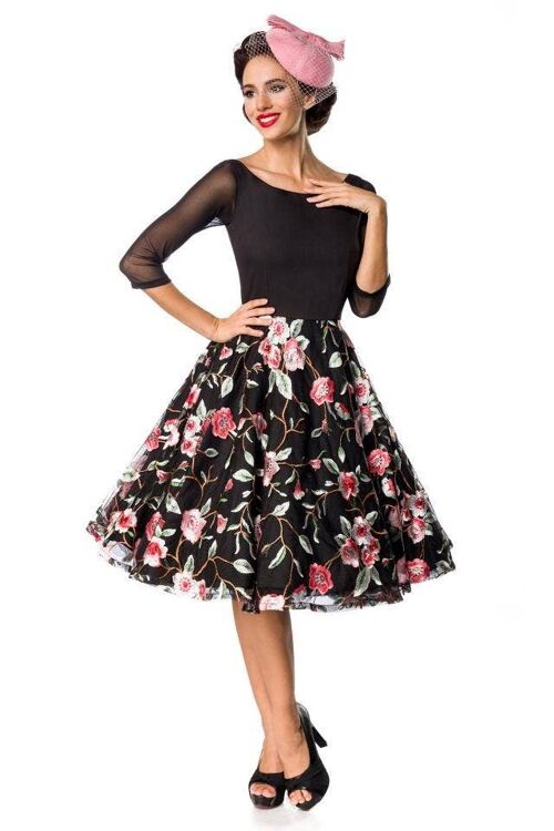 Premium besticktes Vintage-Swingkleid - schwarz/rosa (SKU: 50127-060)