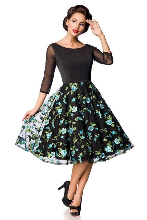 Premium besticktes Vintage-Swingkleid - schwarz/blau (SKU: 50127-022)