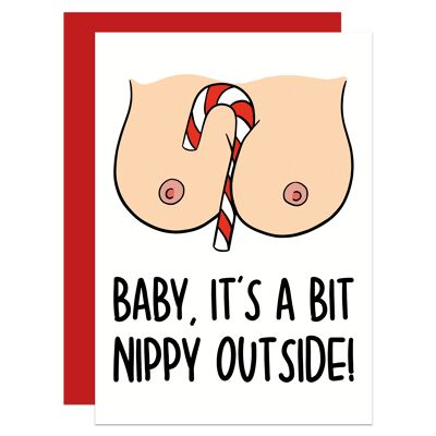 Baby Its Nippy Outside Nipple Pun Christmas A6 Card