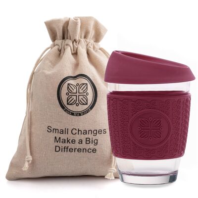 Reusable Glass Coffee cup by FUNK MY WORLD - The Ultimate Travel Mug / Tea and Coffee Cup (Burgundy)