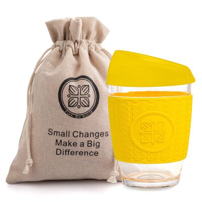 Taza de café de vidrio reutilizable de FUNK MY WORLD - La mejor taza de viaje / taza de té y café (amarillo)