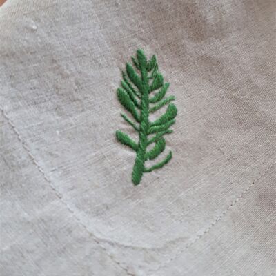Serviette en tissu lin naturel motif "Branche d'if" 40x40 cm brodée à la main, lot de 2