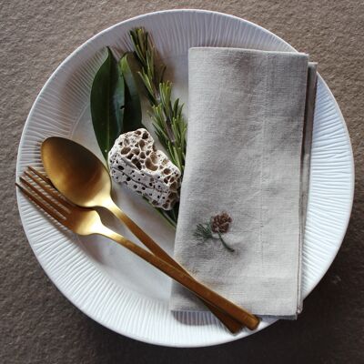 Cloth napkin natural linen motif "cone & branch" 40x40 cm hand-embroidered, set of 2