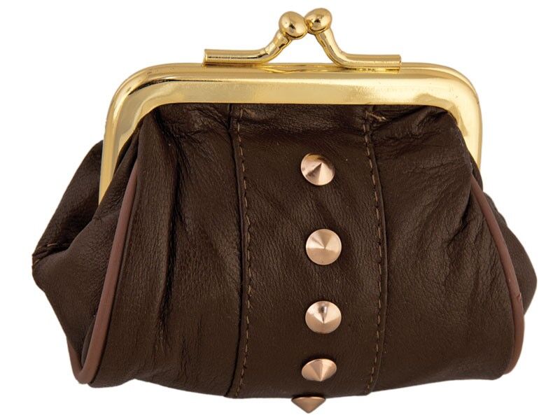 [ 93255-2 ] BRAUNE MÜNZGELDBÖRSE AUS LEDER MIT METALLRAHMEN