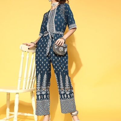 Women Deep Navy Blue Printed Elevated Bottom Jumpsuit - Nesavaali London