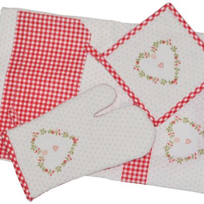 Red check heart set of 3 items - Apron, glove & pot holder Isabelle Rose