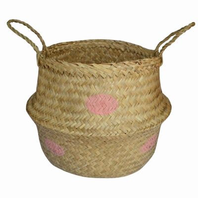 Panier en jonc de mer pois rose pastel L Isabelle Rose