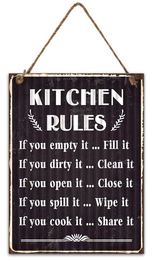 Metal sign with rope Kitchen rules 28x40 cm