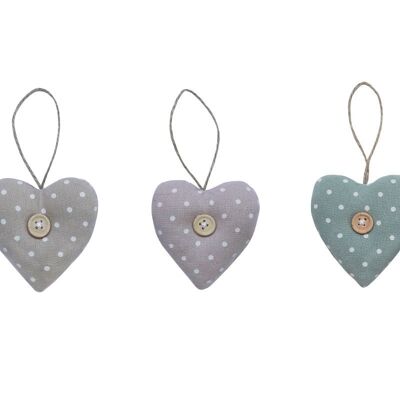 Textile heart with button 7,5 cm set of 3 pieces