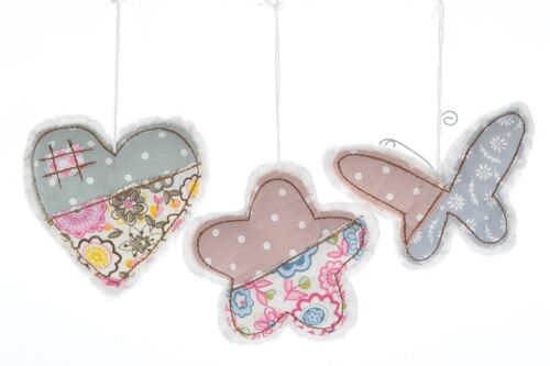 Textile heart, butterfly and flower 9 cm set of 3 pieces