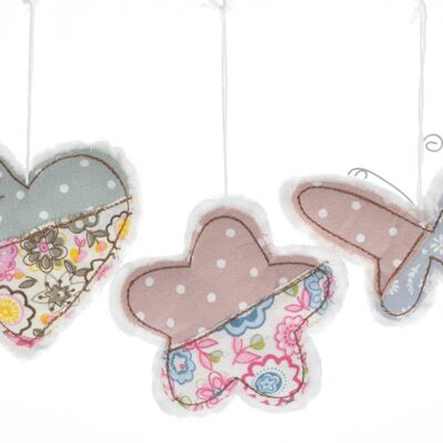 Textile heart, butterfly and flower 9 cm set of 3 pieces