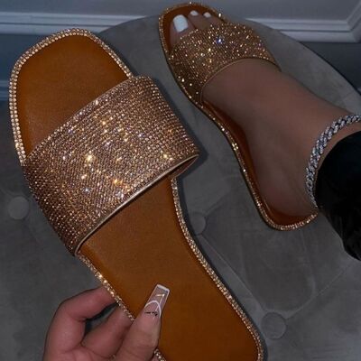Sparkling Rhinestone Flat Square Toe Sandals Gold