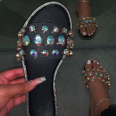 Multicolored Crystal Flat Round Toe Sandals Black