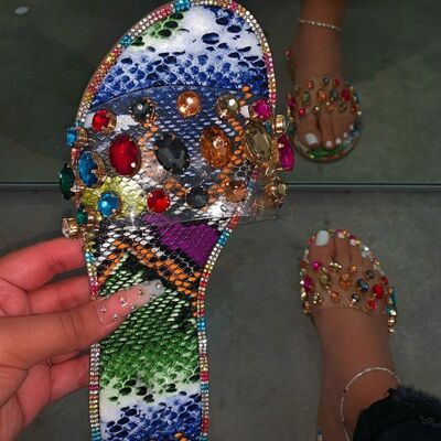 Multicolored Crystal Flat Round Toe Sandals Suit