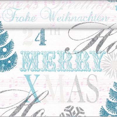 Table runner Xmas greetings in turquoise made of Linclass® Airlaid 40 cm x 4.80 m, 1 piece