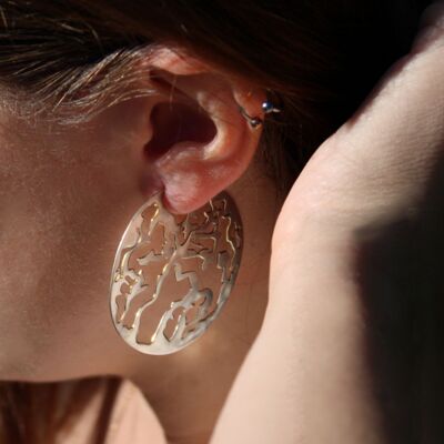 XL size hoop earrings in solid silver, lace jewel with graphic design