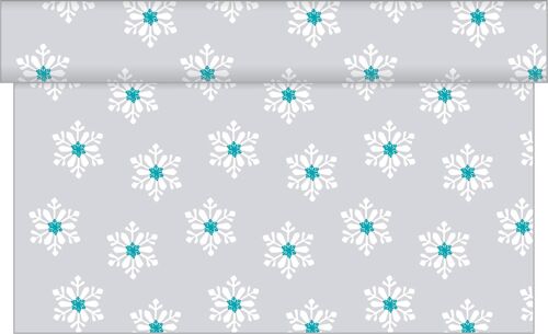 Tischläufer Snowflakes in Silber-Türkis aus Linclass® Airlaid 40cm x 4,80 m, 1 Stück