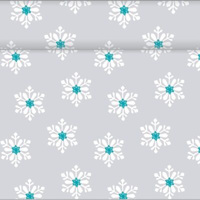 Runner da tavola Snowflakes in argento-turchese in Linclass® Airlaid 40cm x 4,80 m, 1 pezzo