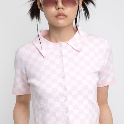 Camiseta de punto de manga corta con tablero de ajedrez rosa